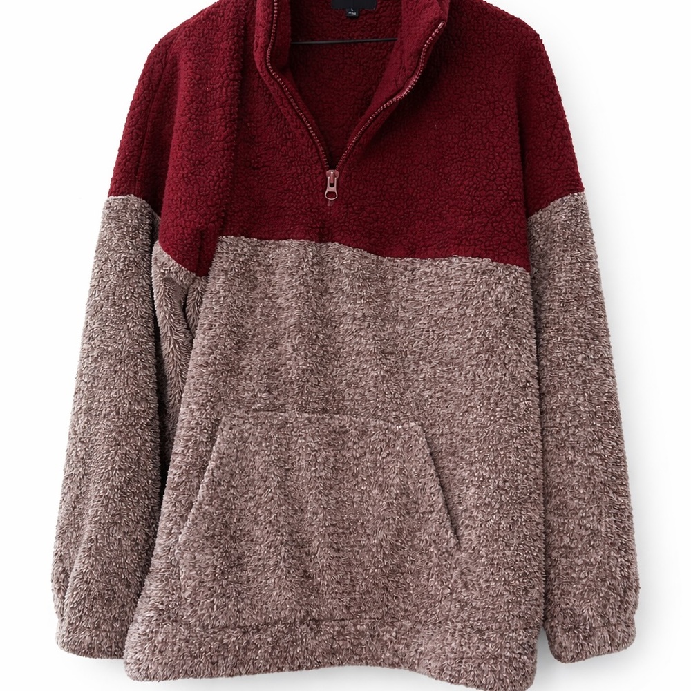 Zenana Outfitters Burgundy & Taupe Sherpa Quarter Zip Pullover – Size L